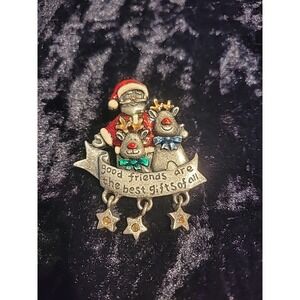 Vintage AJMC Santa Reindeer Brooch Pewter Christmas Friends Jewelry Costume